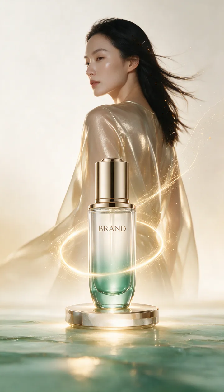 极简东方高级广告风格，高端护肤品牌KV海报，品牌名“BRAND”，整体气质纯净、克制、具有修护、再生、抗老与纯净科技感 画面中心为一款高端精华产品，玻璃瓶身，…
