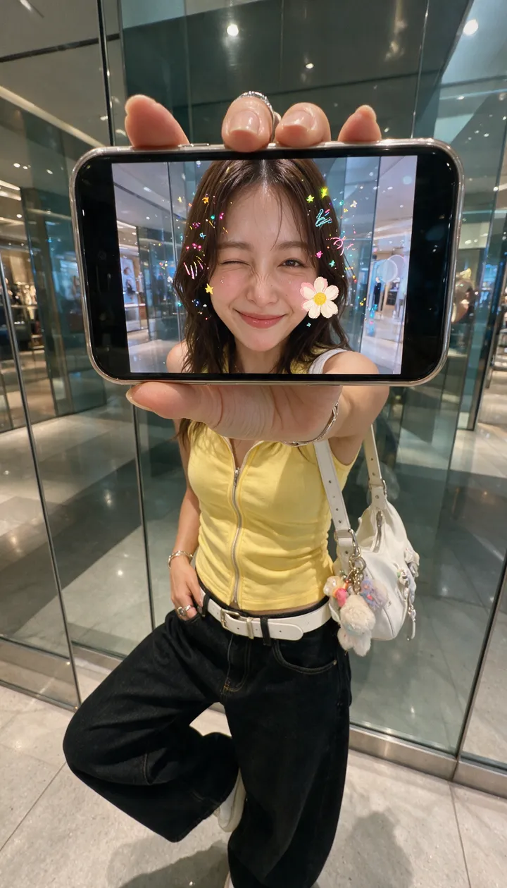 超写实创意 iPhone 人像，一位时尚的日本女性站在现代购物中心的反光玻璃墙前，采用 0.5 倍 iPhone 广角镜头美学，从略微抬高的正面角度拍摄。她横…