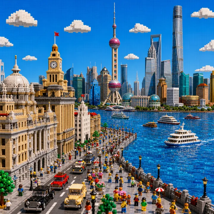 创建一幅高度精细且色彩鲜艳的乐高版上海外滩景象。前景呈现经典的外滩历史建筑群，用乐高砖块精致还原西式与新古典主义风格的建筑立面，包括钟楼、穹顶、柱廊等细节。乐…