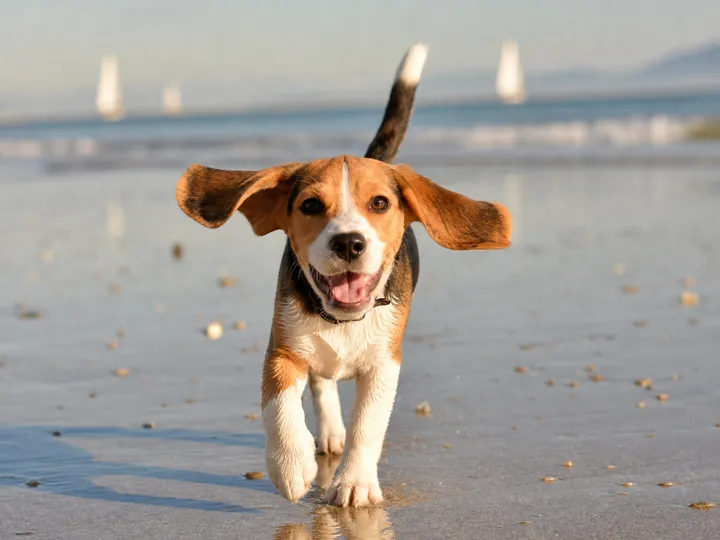 A happy beagle puppy playing on a sunlit beach, natural candid expression with …