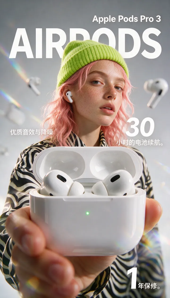 “Apple Pods Pro 3”无线耳机的高冲击力电商信息图。 前景：一只手拿着一个打开的光滑白色无线耳机充电盒朝向相机的极度特写。充电盒内部是两副流畅的…