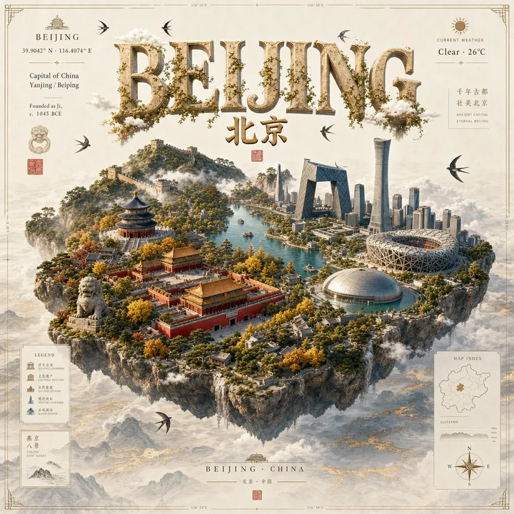 一张针对北京 的城市渲染数字艺术海报。 画面核心主体是一个漂浮在白云上方、形状像所选城市的并且占据画面大部分内容的微型岛屿。岛屿的形状与城市在地图上的形状相似…