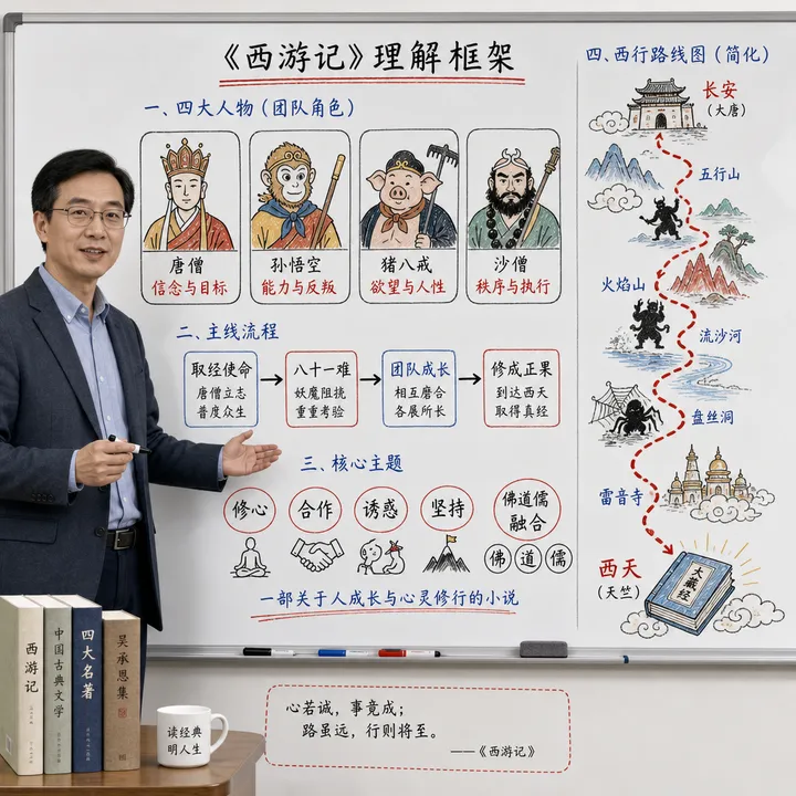 将名著西游记转换为中文教授白板图片，帮助我理解信息