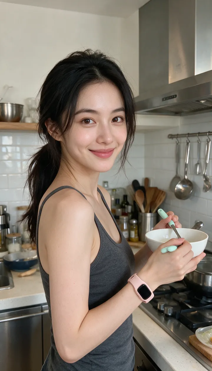 一张真实、超写实的手机快照，捕捉了一位迷人的年轻东亚女性在明亮的现代厨房里准备家常便饭的瞬间。她拥有带有自然纹理的白皙光滑肌肤，深邃动人的棕色眼睛，柔和的弯眉…