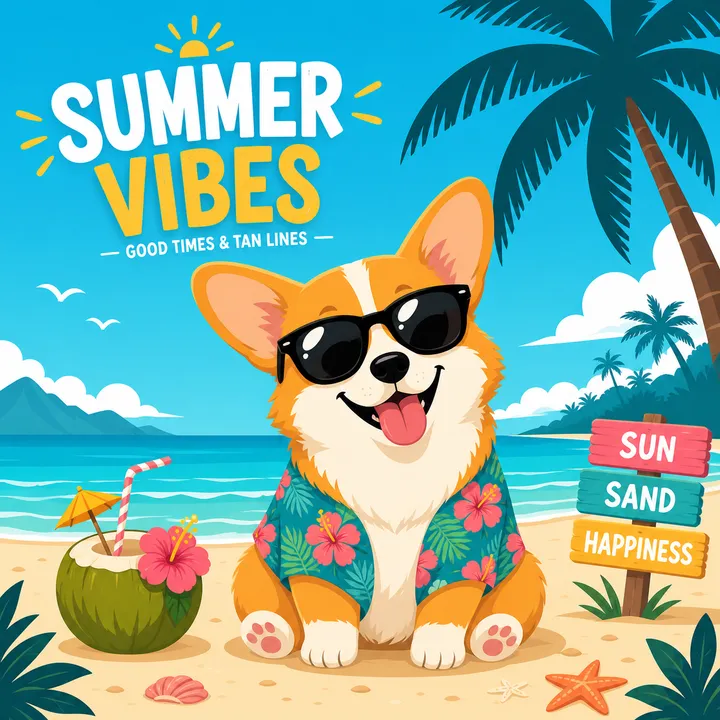 A cute corgi dog wearing sunglasses, sitting on tropical beach sand, big happy …