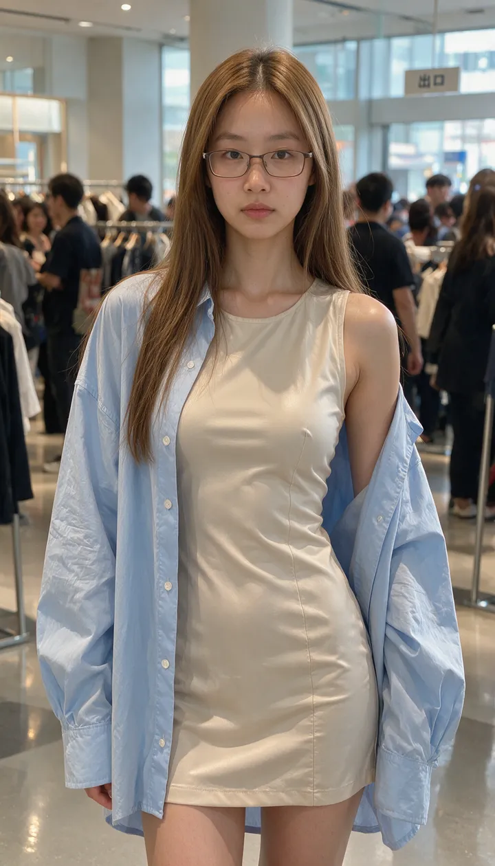 一位年轻东亚裔女性，在现代购物中心或商店内拍摄的休闲抓拍照片。长直的浅棕色头发，戴着清晰的矩形眼镜，神情平静地看向镜头。 身穿合身的浅米色无袖迷你连衣裙，凸显…