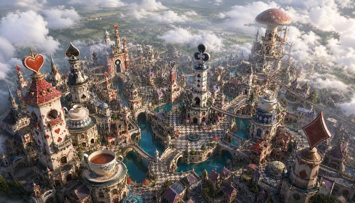 Create a high-detail 16:9 aerial terrain image of an Alice in Wonderland-inspir…