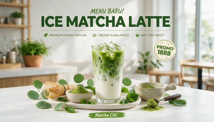 为“Matcha Cih!”创建一个干净、高端的广告，主角是装在透明杯中的清爽冰抹茶拿铁，冰块上覆盖着分层的绿色抹茶和牛奶，放置在极简主义的白色石面上，点缀着…