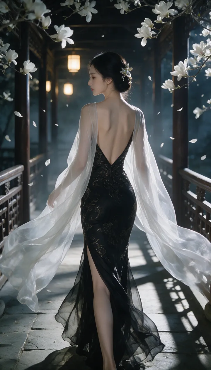 一位成年东方女性，9:16 竖版构图，写实风格，全身偏背面人像，人物行走在一条古典中式回廊之中，画面从后方略低机位捕捉她的身影，人物为绝对视觉中心。她微微回首…