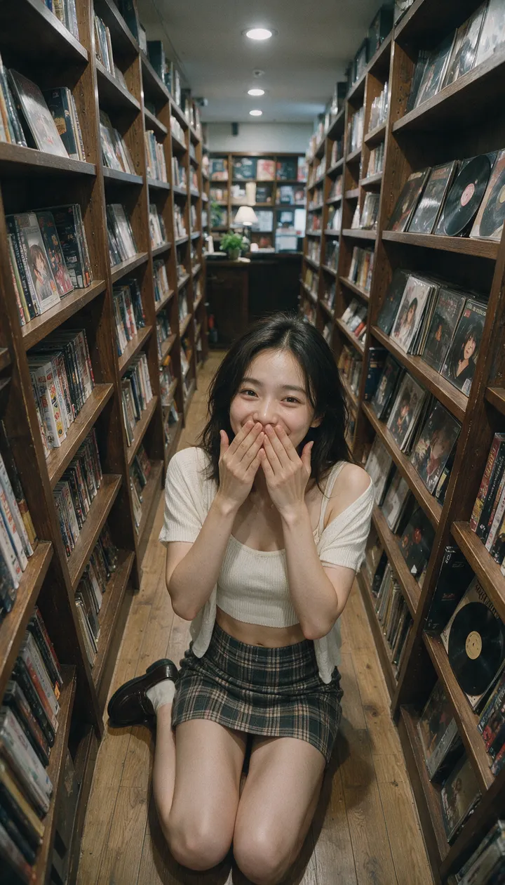 9:16 逼真照片，“Aisle Crush Portraits”。 一位20多岁的年轻成年东亚女性，坐在书架间狭窄的过道中，从高角度主观视角拍摄。她抬头看向…