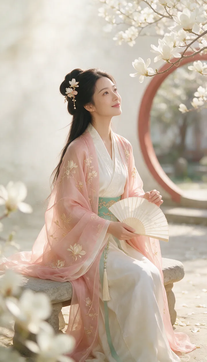 使用“花影春宴-10-玉兰庭院”和“花影春宴-13-露台簪花”作为风格、配色、服装、光线、材质和艺术指导参考，不复制具体脸部身份或原构图。生成一张独立的4:5…